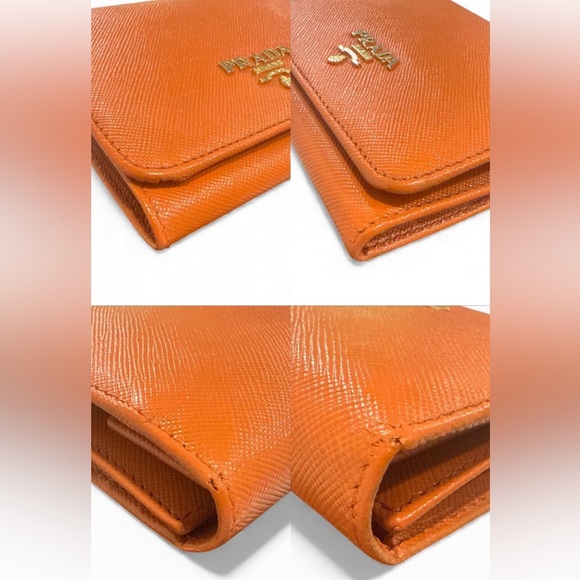 PRADA Saffiano Leather Bifold Wallet Orange Gold Logo Designer Authentic Compact - Picture 5 of 10